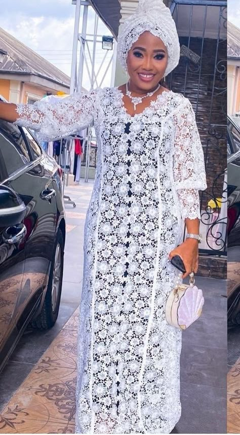 Matured Lace Styles For Women, Kaftan Designs With Lace, Latest White Lace Bubu Gown Style, Latest Style For White Lace Gown, Straight Gown Lace Styles, White Dry Lace Gown Styles Nigerian, White Lace Styles For Women, White Lace Bubu Gown Styles Nigerian, Boubou Lace Styles For Women