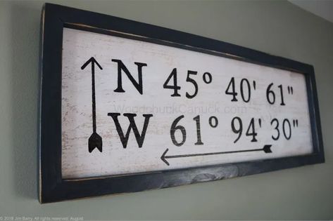 Wooden Address Sign Diy, Coordinates Wall Art, Coordinate Sign, Camp Decorations, Diy Address Sign, Gps Coordinates Sign, Coordinates Sign, Compass Art, Nautical Signs