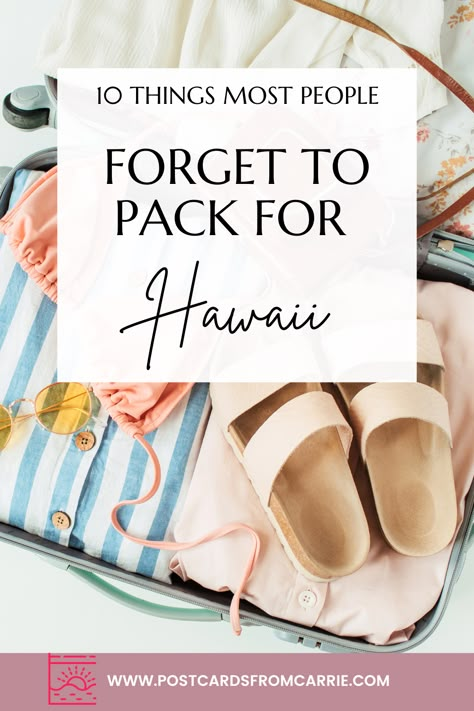 Discover the 10 important things most people forget to pack for Hawaii! Put these often overlooked essentials on your packing list and save this pin for later. #PackingGuide #Hawaii #WhatToPackHawaii Packing Hawaii, Shoes For Hawaii Vacation, Packing List Hawaii Vacation, What To Pack To Hawaii, What To Pack For Tropical Vacation, What To Wear In Hawaii In August, What To Wear In Kauai Hawaii, Hawaii Travel Essentials, Things To Bring To Hawaii