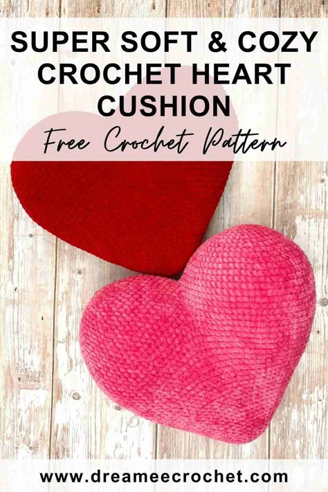 Super soft & cozy crochet heart cushion pattern, free crochet pattern. Free Amigurumi heart pillow pattern. Visit www.dreameecrochet.com for more patterns and video tutorials you'll love! #crochetprojects #crochettechniques #crochetpatterns #crochet #crochetheart Crochet Plushie Pillow Free Pattern, Crochet Heart Cushion Free Pattern, Free Heart Pillow Crochet Pattern, Crochet Heart Cat Pattern Free, Crocheted Heart Pillow, Crochet Plush Pillow Free Pattern, Crochet Pillow Plushies, Crochet Pillow Blanket Yarn, Crochet Heart Shaped Pillow Free Pattern