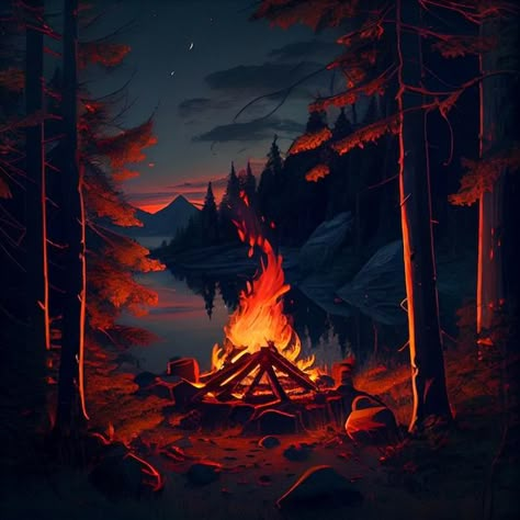 Campfire In Woods, Campfire At Night, Campfire Landscape, Campfire In Forest, Camp Fire Art, Forest Fire Art, Campfire Background, Painting Campfire, Forest Background Illustration