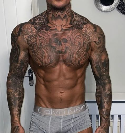 Chest To Neck Tattoo Men, Chest Neck Tattoo Men, Mens Back Of Neck Tattoo, Chest And Arm Tattoo Men, Cool Chest Tattoos Men, Cool Neck Tattoos Men, Cool Chest Tattoos For Guys, Man Neck Tattoo, Chest Tattoos Men's Ideas