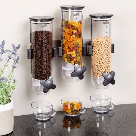 Wall Mount Dry Food Dispenser | Williams Sonoma Glass Door Knob, Modern Kitchen Accessories, Freezer Organization, Cereal Dispenser, Organization Station, Kitchen Decor Inspiration, Food Dispenser, Kitchen Organizer, Cereal Recipes