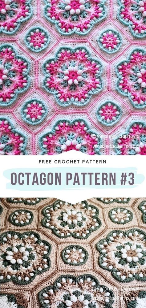 Crochet Octagon, Easy Crochet Baby Blanket Free Pattern, Crochet Hexagon Blanket, Hexagon Crochet Pattern, Granny Square Pattern Free, Octagon Pattern, Crochet Flower Squares, Crocheted Afghans, Granny Stripe