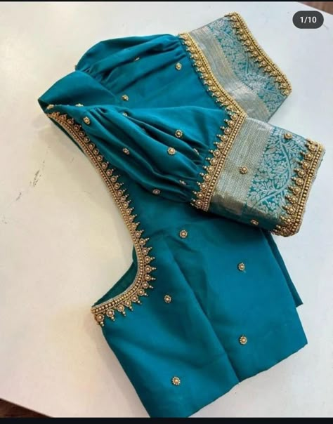 Simple Aari Work Blouse Design For Cotton Saree, Very Simple Aari Work Blouse Design Blue, Blue Colour Blouse Designs, Buff Sleeves Blouse Designs, Gold Blouse Designs, Baby Murugan, Blue Blouse Designs, Blouse Designs Pattern, Latest Bridal Blouse Designs