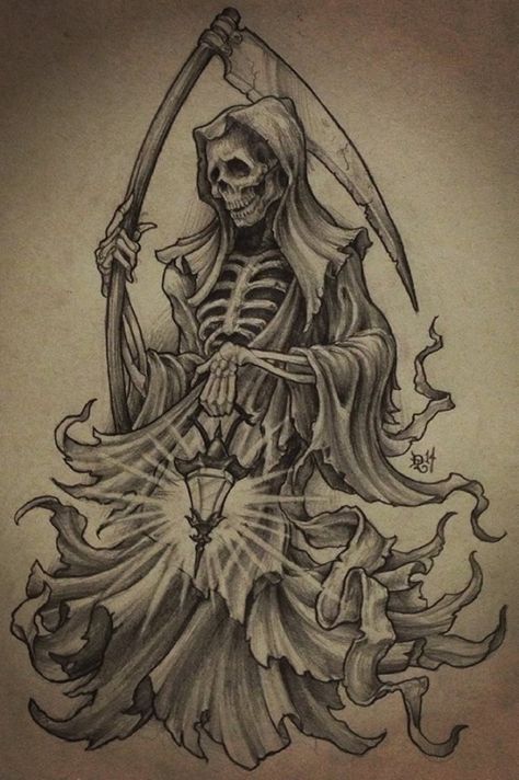 Reaper With Lantern, Grim Reaper With Scythe, Reaper Drawing, Grim Reaper Tattoo, Reaper Tattoo, Grim Reaper Art, Skulls Drawing, Geniale Tattoos, Dark Art Tattoo