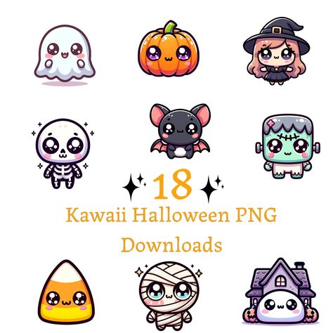 Cute Halloween Stickers Printable, Halloween Kawaii Drawings, Cute Halloween Cartoons, Halloween Characters Drawings, Simple Halloween Drawings, Kawaii Halloween Art, Easy Halloween Doodles, Classic Halloween Characters, Kawaii Halloween Stickers