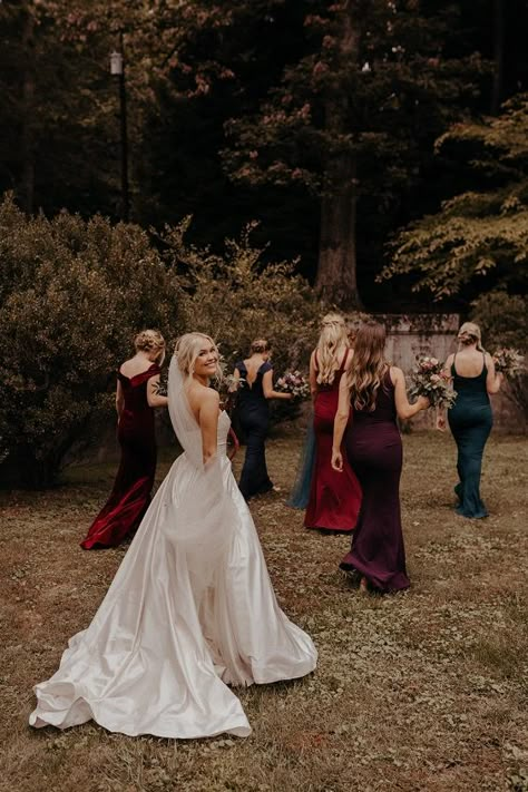 Twilight Wedding Bridesmaid, Mismatched Autumn Bridesmaid Dresses, Moody Fall Wedding Bridesmaid, Jewel Tone Wedding Dress Code, Moody Jewel Tone Wedding Bridesmaids, Dark Fairytale Wedding Bridesmaid, Mismatch Winter Bridesmaid Dresses, Jewel Toned Mismatched Bridesmaids, Winter Bridesmaid Colors