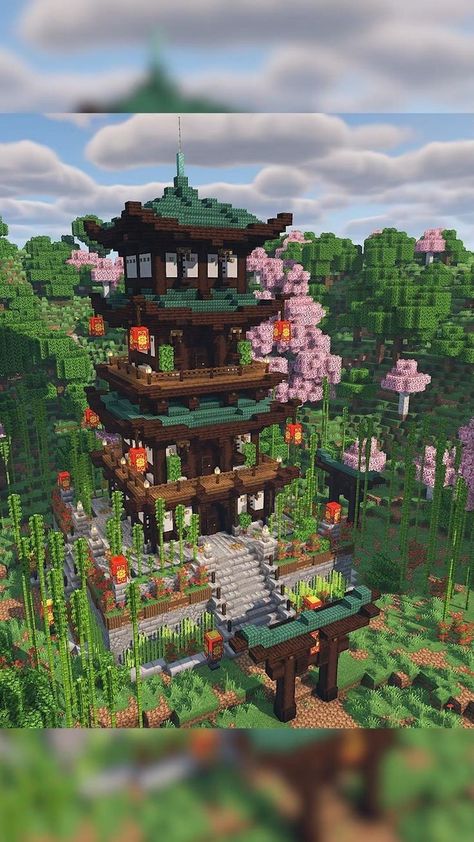 Minecraft Jungle House, Minecraft Mountain House, Minecraft Japanese House, Kakariko Village, Minecraft Japanese, Case Minecraft, Rumah Minecraft Sederhana, Japanese Pagoda, Minecraft House Plans