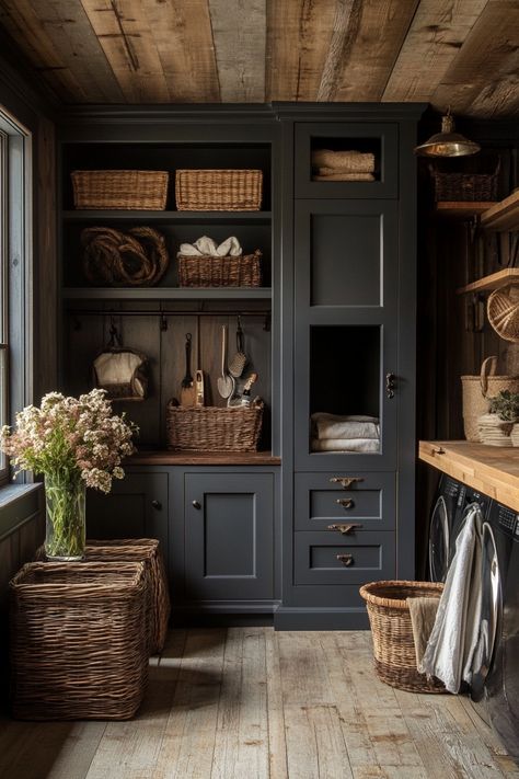 New England Mudroom, Galley Mudroom Laundry Room, Dark Colored Laundry Room, Craftsman Style Laundry Room, Laundry Room With Storage Cabinets, Dark Academia Mudroom, Dark Academia Laundry Room, Utility Room Colours, Mudroom Laundry Room Entryway