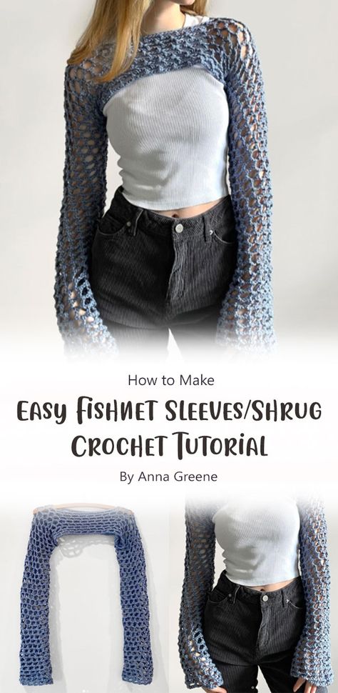 Easy fishnet sleeves/shrug by Anna Greene. This is an easy pattern to follow. If you are looking for a project that will make you feel like a fashionista, then this is the one for you! Bolero Haken, Easy Crochet Shrug, Crochet Bolero Pattern, Crochet Shrug Pattern, Confection Au Crochet, Mode Crochet, Crochet Bolero, Crochet Tops Free Patterns, Crochet Design Pattern