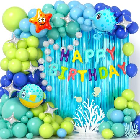 PRICES MAY VARY. PERFECT UNDER THE SEA PARTY DECORATIONS - You will get 125 latex balloons (5"+10"+12"+18", 5 colors), balloons of different sizes make your party more three-dimensional; dazzling 'HAPPY BIRTHDAY' balloons to highlight the theme; 3 vivid large size sea animal balloons (pufferfish, seahorse, starfish); 8 four-pointed stars; 2 shining blue fringe curtains. Choose our 151pcs perfect ocean themed party decorations now and make your little one's birthday a unique and unforgettable sea Ocean Theme Party Decorations, Blue Balloon Arch, Ocean Themed Party, Under The Sea Party Decorations, Sea Party Decorations, Ocean Theme Decorations, Ocean Birthday Party, Ocean Theme Party, Pool Beach Party