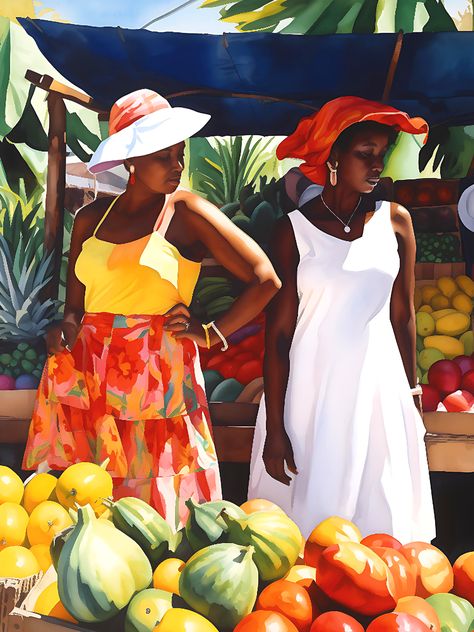 Two ladies at the Caribbean market selling or buying fruits. Carribean Colors, Caribbean Market, Caribbean Fruits, Caribbean Artists, West Indies Art, Jamaica Art, Caribbean Artwork, Caribbean Colors, Market Scene