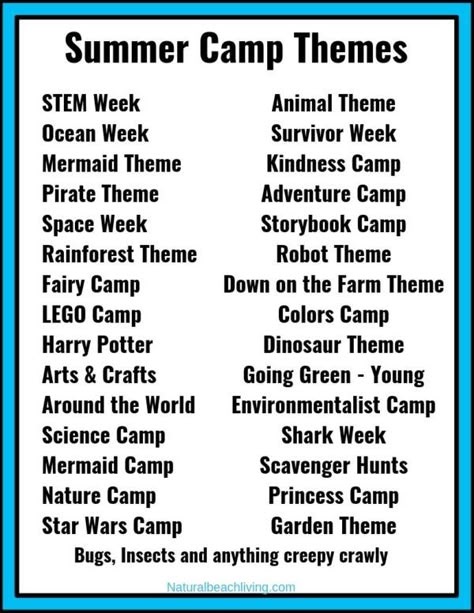 30+ Summer Camp Themes - The Best Summer Themes for Kids - These 30+ Summer Camp Themes and Descriptions will give you fun activities and ideas to fill your days with exciting Summer Themes. Summer Camp Theme Ideas for Preschoolers and youth camp, This page is full of great summer themes to explore nature, arts and crafts, Science, STEM, ocean activities, kindness and so much more. Summer Themes For Kids, Summer School Themes, Summer Daycare, Preschool Summer Camp, Summer Camp At Home, Camp At Home, Camp Themes, Summer Camp Themes, Summer Day Camp