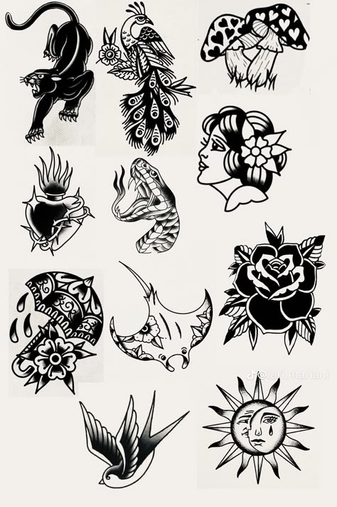 Tattoo Types Of Styles, Flash Tattoo Blackwork, Blackwork Tattoo Design Ideas, Traditional Tattoo Art Flash, Trad Tattoo Flash, Traditional Patchwork Tattoo, Old School Flash Tattoo, Traditional Tattoo Black And White, Traditional Tattoo Drawings