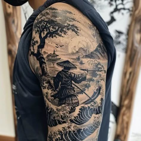 Mens Japanese Tattoos, Japanese Style Back Tattoo, Asian Theme Tattoo, Japanese Landscape Tattoo, Chinese Sleeve Tattoos, Sleeve Tattoos Japanese, Japan Style Tattoo, Japenses Tatoos Design, Japan Tattoo Ideas