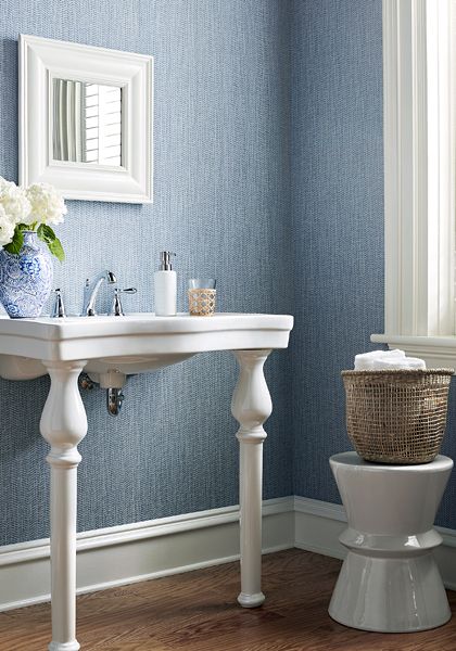 Thibaut Wallpaper Bathroom, Blue Wallpaper Living Room, Blue Wallpaper Bedroom, Seagrass Wallpaper, Blue And White Wallpaper, Thibaut Wallpaper, Powder Room Wallpaper, Herringbone Wallpaper, Bathroom Wallpaper