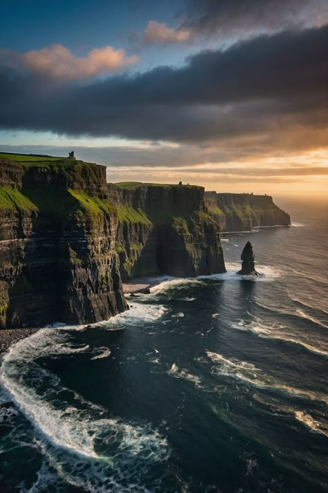 Cliffs of Moher, Ireland: A dramatic image of the Cliffs of Moher with sheer rock faces plunging into the ocean.  ✫ ━━━━━━∙⋆⋅⋆∙━━━━━━ ✫ Follow ➠ @AiArtImageGallery Follow ➠ @AiArtImageGallery ✫ ━━━━━━∙⋆⋅⋆∙━━━━━━ ✫ High quality prints & images through my online storefront link ♥ #MachineMadeArt #AutomatedArt #Landscape #Trending #Trendingnow #Artwork #Natureisamazing #Cozy #Stressrelief #Stressfree  #AutomatedArtwork #AmazingAI #AIInspiredDesigns #AIInspiredArtwork #AIAdventure Ireland Cliffs Of Mother, Cliffs By The Sea, Ireland Landscape Photography, The Cliffs Of Moher, Cliffs Of Moher Aesthetic, Ocean Cliff Aesthetic, Ireland Beautiful Places, Scottish Cliffs, Scotland Cliffs