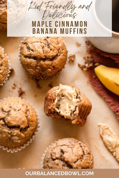 photo of baked banana muffins, one with a bite taken out and maple butter on top Best Easy Banana Bread, Cinnamon Banana Muffins, Banana Cinnamon Muffins, Healthy Banana Muffins, Banana Muffin Recipe, Banana Bread Muffins, Easy Banana Bread Recipe, Cinnamon Banana, Banana Healthy