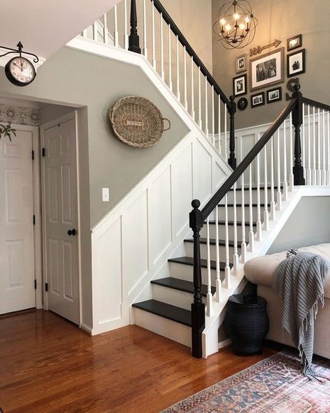 Farmhouse Stair Railing Ideas and Inspiration | Hunker Stairs Makeover Design, Stair Railing Makeover, Farmhouse Stairs, Stair Renovation, Stairs Renovation, White Staircase, White Stairs, Stair Makeover, Stairs Makeover