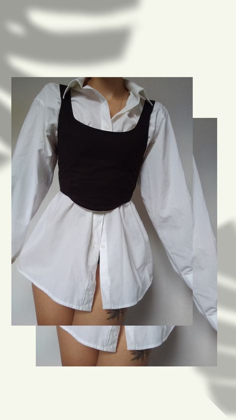 Long Sleeve Shirt With Corset, Oversized Shirt With Corset Outfit, Corset Top Over White Button Up, Corsets Over Shirts, Corset With Straps Outfit, Denim Corset With White Shirt, Corset Top With White Shirt, Corset Over Shirt Outfits Casual, White Button Up With Black Corset