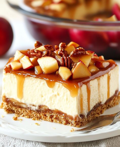 Creamy Caramel-Drizzled Apple Cheesecake - recipesbyava.com Carmel Apple Pie Cheesecake Recipe, Caramel Apple Cheesecake Pie, No Bake Caramel Apple Cheesecake, Apple Pie Cheesecake Recipe, Apple Cheesecake Pie, Caramel Apple Cheesecake Recipes, Apple Pie Cheesecake, Green Bean Salad Recipes, Green Bean Salad