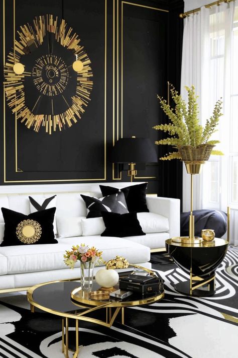 Elevate your living room with a timeless black and white color scheme accented by luxurious gold touches. From geometric patterns to sleek metallic accents, create a sophisticated and inviting space thats both chic and cozy. Black White Gold Living Room, Gold Accents Living Room, Home Decor Ideas Black, Black And Gold Living Room, Black And White Living Room Decor, Silver Living Room, Black Living Room Decor, Deco Living, Art Deco Living Room