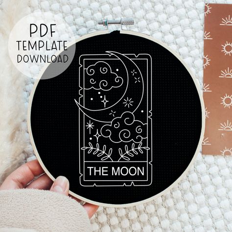 The Moon Tarot Card Embroidery Pattern Download, Mystic Embroidery, Mystical Embroidery, Psychic Embroidery Pattern Celestial Decor Handmade Mystical Embroidery Designs, Mystical Embroidery, Mystic Embroidery, Celestial Embroidery Pattern, Embroidery Tarot Cards, Tarot Pattern, Tarot Card Embroidery, Moon Embroidery Pattern, Tarot Embroidery Pattern