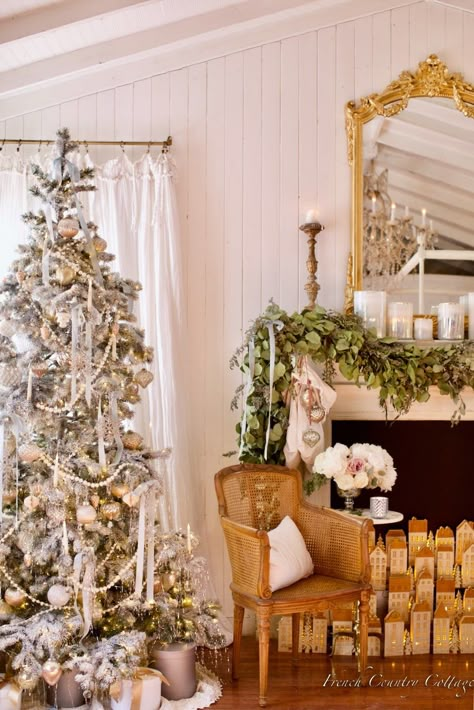 French Country Christmas Mantel - French Country Cottage Frosted Tree Decor, French Farmhouse Christmas Decor, French Country Christmas Decor Ideas, French Country Christmas Tree, Cottage Christmas Tree, French Christmas Tree, French Country Cottage Christmas, Courtney Allison, French Christmas Decor