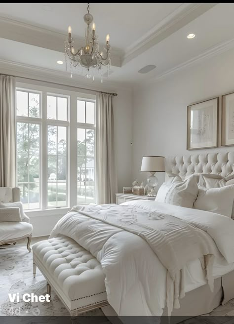 White Modern Bedroom Furniture, White King Bedding Ideas, Vintage White Bedroom Furniture, White Bedroom Set Ideas Color Schemes, Room Ideas Large Bedroom, French Home Decor Bedroom, Modern Country Home Decor Ideas, Elegant Cottage Bedroom, White Country House Interior