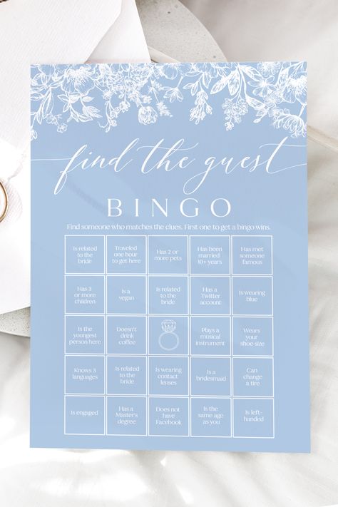 Dusty Blue White Find the Guest Bingo Bridal Shower Game Printable Blue Vintage Floral Find the Guest Bingo Game Bachelorette Game Bingo B4 Blue Bridal Shower Themes, Blue Bridal Shower Decorations, Bingo Bridal Shower Game, Bridal Shower Checklist, Find The Guest Bingo, Guest Bingo, Romantic Bridal Shower, Bridal Party Games, Find The Guest