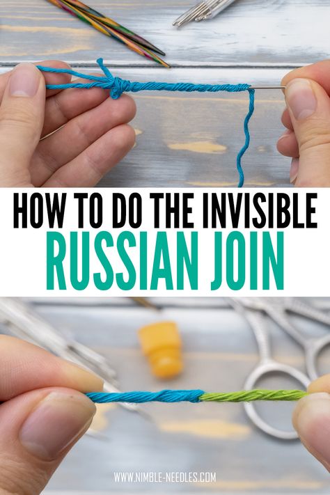 A step by step tutorial on how to the russian join in knitting. A super invisible way to join new yarn without knots or tails to weave in. Swedish Knitting, Changing Colors In Knitting, Joining Yarn Crochet, Yarn Join, Russian Knitting, Knot Knitting, Advanced Knitting Techniques, Join Yarn, Knitting Techniques Tutorials