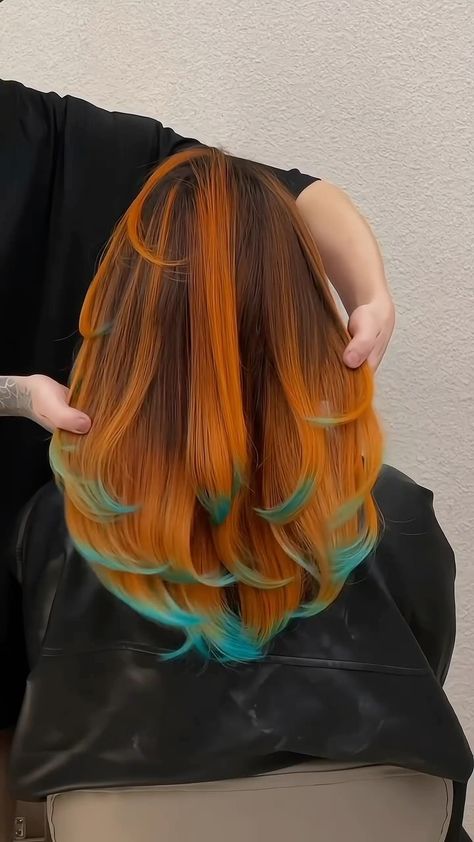 Instagram Ginger With Colored Streaks, Tie And Dye Hair, Teal Tips Hair, Orange And Teal Hair, Copper And Blue Hair, Foxy Hair Color, Hair With Colored Tips, Ginger And Blue Hair, Hair Dye Ideas For Brown Hair