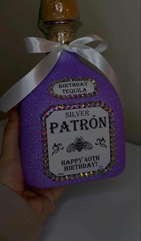 Bling Tequila Bottle, Patron Glitter Bottle, Patron Bottle Crafts Diy, Decorated Patron Bottles, Decorated Liquor Bottles Birthday, Custom Tequila Bottle, Badazzel Liquor Bottles, 21st Birthday Ideas Purple, Liquor Bottle Crafts Diy Ideas