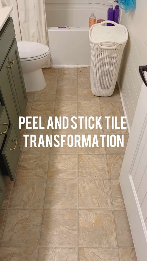 An Easy and Budget-Friendly Bathroom Makeover with Peel and Stick Tiles - Pretty Real Stick On Tiles Bathroom, Cheap Bathroom Makeover, Laundry Cupboard, Easy Tile, Cheap Tiles, Bathroom On A Budget, Tile Renovation, Floor Makeover, Peel And Stick Tiles