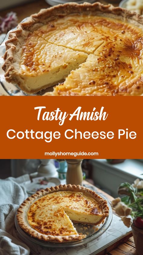 Indulge in the creamy deliciousness of Amish cottage cheese pie with this irresistible recipe. This classic dessert features a velvety filling made with wholesome ingredients that will melt in your mouth. The subtle sweetness and delicate texture make it the perfect treat for any occasion - from brunch gatherings to cozy family dinners. Whether you're a fan of traditional Amish recipes or simply looking to try something new, this cottage cheese pie is sure to impress your taste buds.  Ingredient Homemade Cheese Pie, Famous Pie Recipes, Mini Cottage Pies, Amish Pumpkin Custard Pie, Amish Food Recipes, Pumpkin Pie Cottage Cheese, Water Pie, Cottage Cheese Pie, Cottage Cheesecake