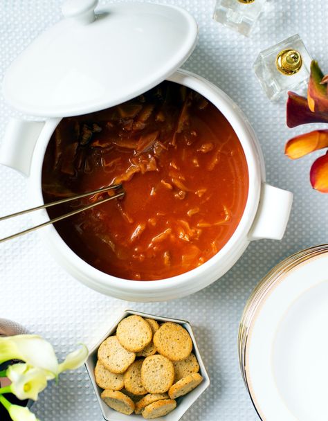 Classic and Scrumptious Cabbage and Flanken Soup - Kosher.com Sweet And Sour Cabbage, Kosher Kitchen, Jewish Cuisine, Breakfast Appetizers, Rosh Hashana, Grain Foods, Cabbage Soup, Recipe Roundup, Crushed Tomatoes