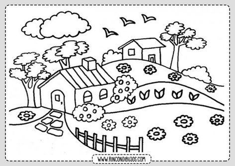 Dibujo de Paisaje con Casita Colorear - Rincon Dibujos Garden Coloring Pages, House Colouring Pages, Trendy Tree, Art Drawings For Kids, Elementary Art, Coloring Pictures, Free Coloring Pages, Colouring Pages, Drawing For Kids