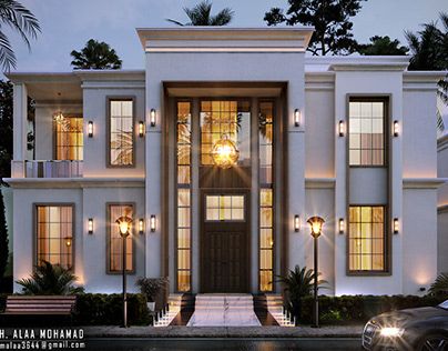 Check out new work on my @Behance profile: "New Classic Villa" http://be.net/gallery/92057413/New-Classic-Villa Grand Entrance Exterior, New Classic Exterior Villa, New Classic House, Modern Classic House, Classic Villa Exterior, Classic Houses, New Classic Villa, Classic Villa Design, Classical House