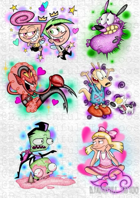 Cartoon Finger Tattoo, Scary Cartoon Tattoos, Fairly Odd Parents Tattoo, Classic Cartoon Tattoos, Colorful Flash Tattoo, 90s Inspired Tattoos, 90s Cartoon Flash Tattoo, Neopets Tattoos, 90s Cartoon Drawings