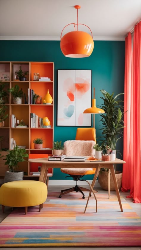 Colorful Office Space Bohemian, Home Office Bold Colors, Bright Office Interior Design, Bold Home Office Design, Vibrant Home Office, Home Office Funky, Fun Home Office Design, Colourful Minimalist Decor, Colourful Workspace