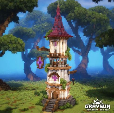 Mini Tower Minecraft, Minecraft Fantasy Builds Tower, Enchantment Tower Minecraft, Magic Tower Minecraft, Minecraft Tower Roof Design, Minecraft Enchantment Tower, Minecraft Magic Builds, Enchanting Tower Minecraft, Tower Roof Minecraft