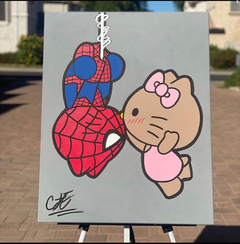 Spider Man And Hello Kitty Painting, Cute Doodles On Canvas, Cute Art To Do With Boyfriend, Simple Canvas Drawings Aesthetic, Hello Kitty Spiderman Painting, Hello Kitty Easy Painting, Hello Kitty Couple Painting, Spiderman Couple Painting, Love Cartoon Painting