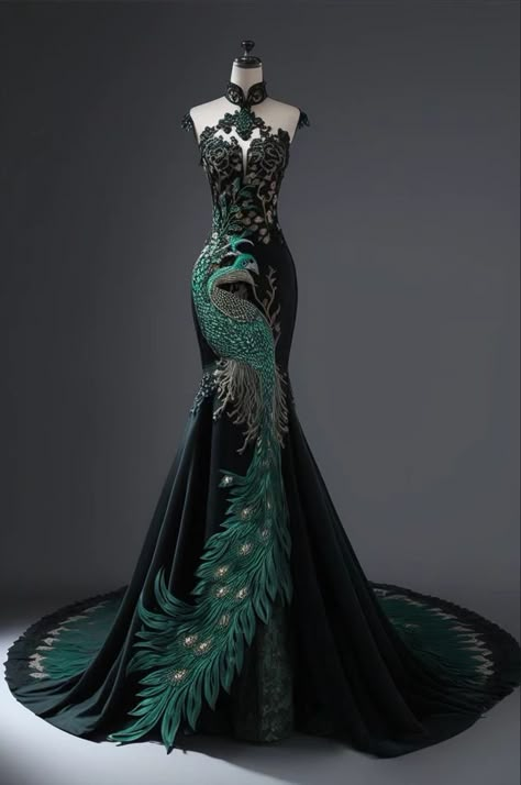 Peacock Ball Gown, Black And Green Wedding Dresses, Peacock Inspired Outfit, Green And Black Gown, Simple Princess Dress, Fairytale Dress Aesthetic, Peacock Outfit, Wedding Dress Fairytale, Peacock Feather Dress