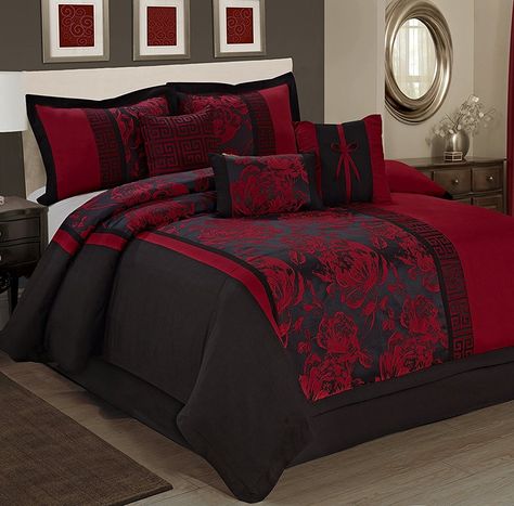 Peony 7 Piece Comforter Set Black Comforter Sets, Black Comforter, Floral Comforter Sets, Fabric Patchwork, Bedroom Red, King Comforter Sets, Bed Skirt, Queen Comforter Sets, Queen Bedding Sets