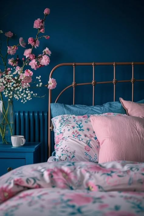 Blue and Pink Bedroom Ideas for a Charming Space French Blue And Pink Bedroom, Blue And Pink Bedroom For Kids, Blue And Pink Girls Bedroom, Navy Pink Bedroom, Bedroom Blue And Pink, Dark Blue And Pink Bedroom, Navy And Pink Bedroom, Bedroom Inspirations Blue, Navy Blue Headboard