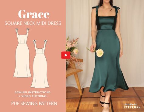 Grace Square Neck Dress PDF Sewing Pattern Instant Download  US 0-20/ UK 4-24 - Beginner friendly - Sewing Projects Clothes, Couture Mode, Square Neck Dress, Diy Sewing Clothes, Fashion Sewing Pattern, How To Make Clothes, Dress Sewing Pattern, Dress Sewing, Dress Sewing Patterns