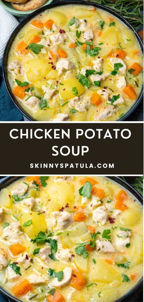 Chicken Potato Soup – Skinny Spatula Clean Chicken Soup Recipes, Chicken Potato Spinach Recipes, Crockpot Potato Soup With Chicken, Chicken Noodle Soup Potato, Chicken Potato Rice Soup, Soups With Cooked Chicken, Soups And Stews With Chicken, Boneless Chicken Thigh Soup Recipe, Chicken Soup Easy Simple