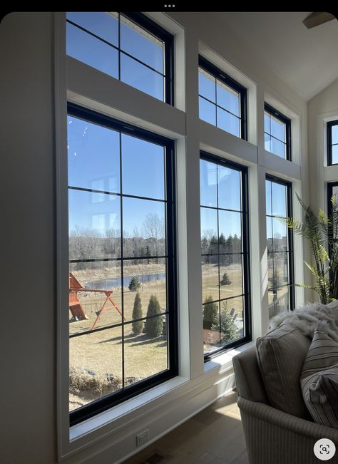 Big Window Small Living Room, Large Square Window, Living Room Full Of Windows, Picture Windows Living Room Ideas, Picture Window With Grids, Pella Windows Photo Galleries, Farmhouse With Big Windows, Living Room Windows Large, Living Room Wall Of Windows