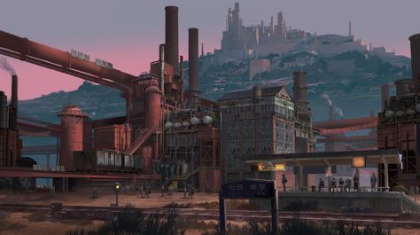 ArtStation - factory Environmental Artwork, Sci Fi Tech, Environmental Art, Sci Fi Art, San Francisco Skyline, Cyberpunk, Cool Kids, Art Inspo, Cityscape